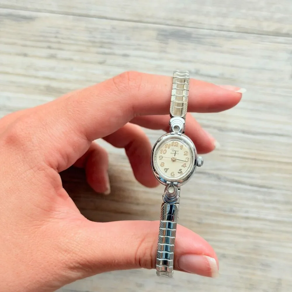 Vintage Timex Watch Dainty Silver Tone Bracelet Antique Cocktail 90s 50s Working